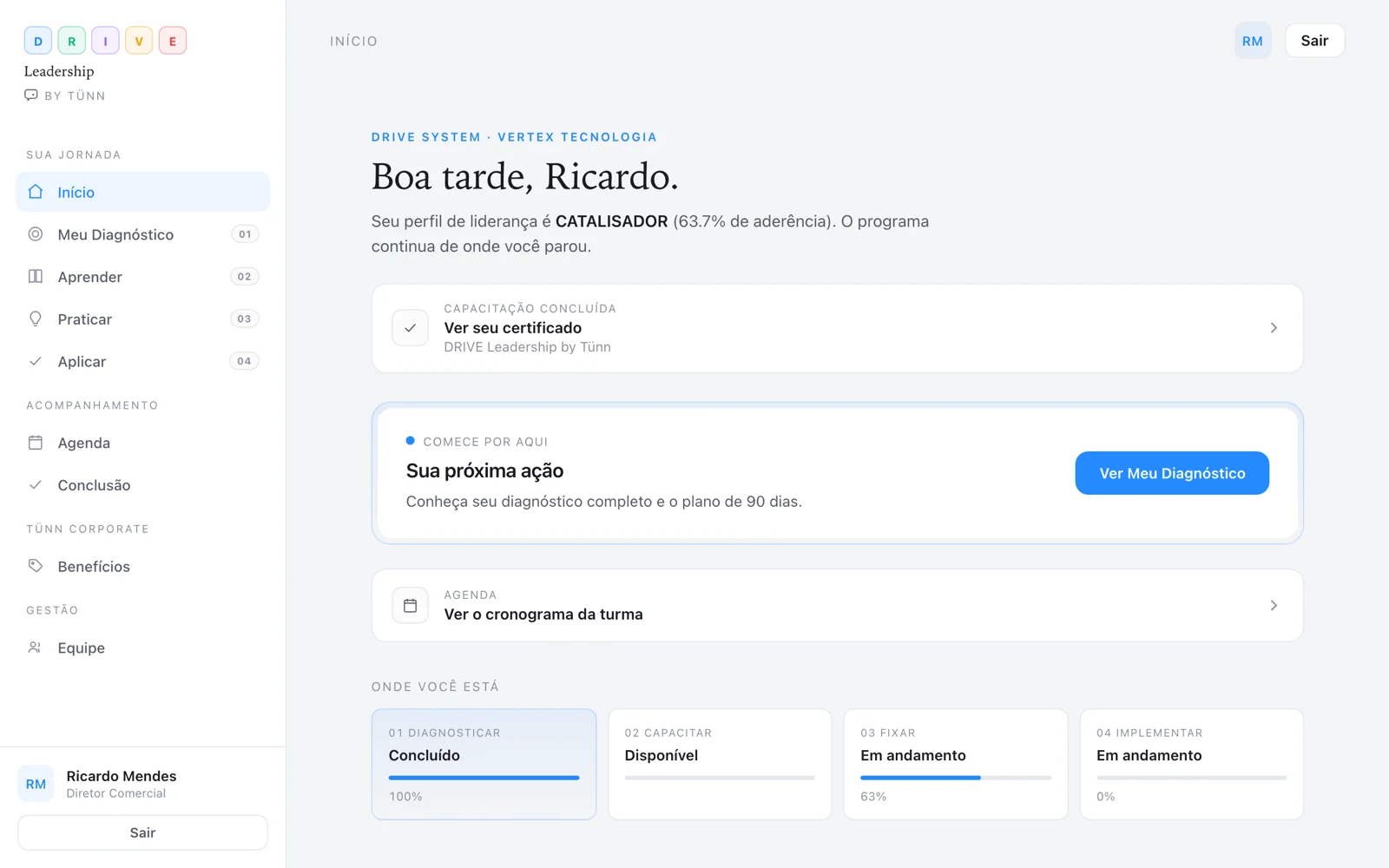 Tela inicial da plataforma DRIVE, com o perfil de liderança do usuário, a próxima ação recomendada e o progresso nas quatro etapas do ciclo.