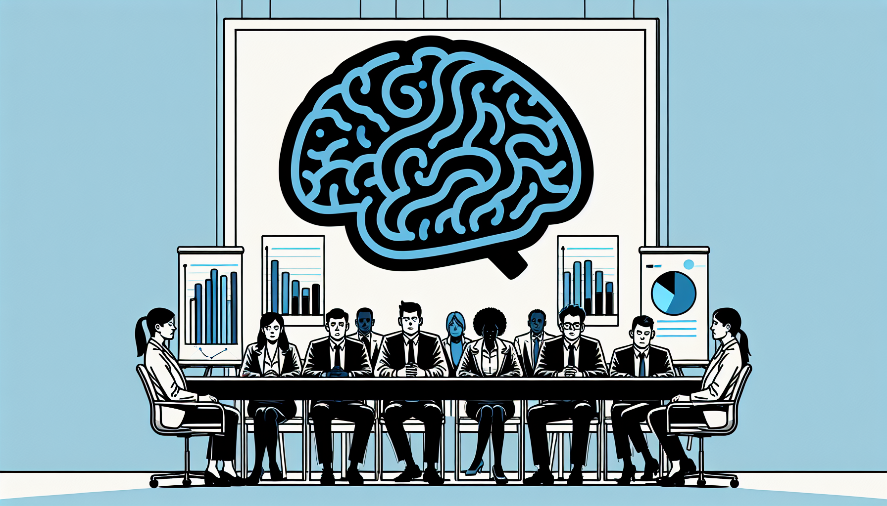 Ilustração minimalista de vendedores B2B estressados em reunião, com gráficos em queda e um cérebro azul simbolizando esperança.