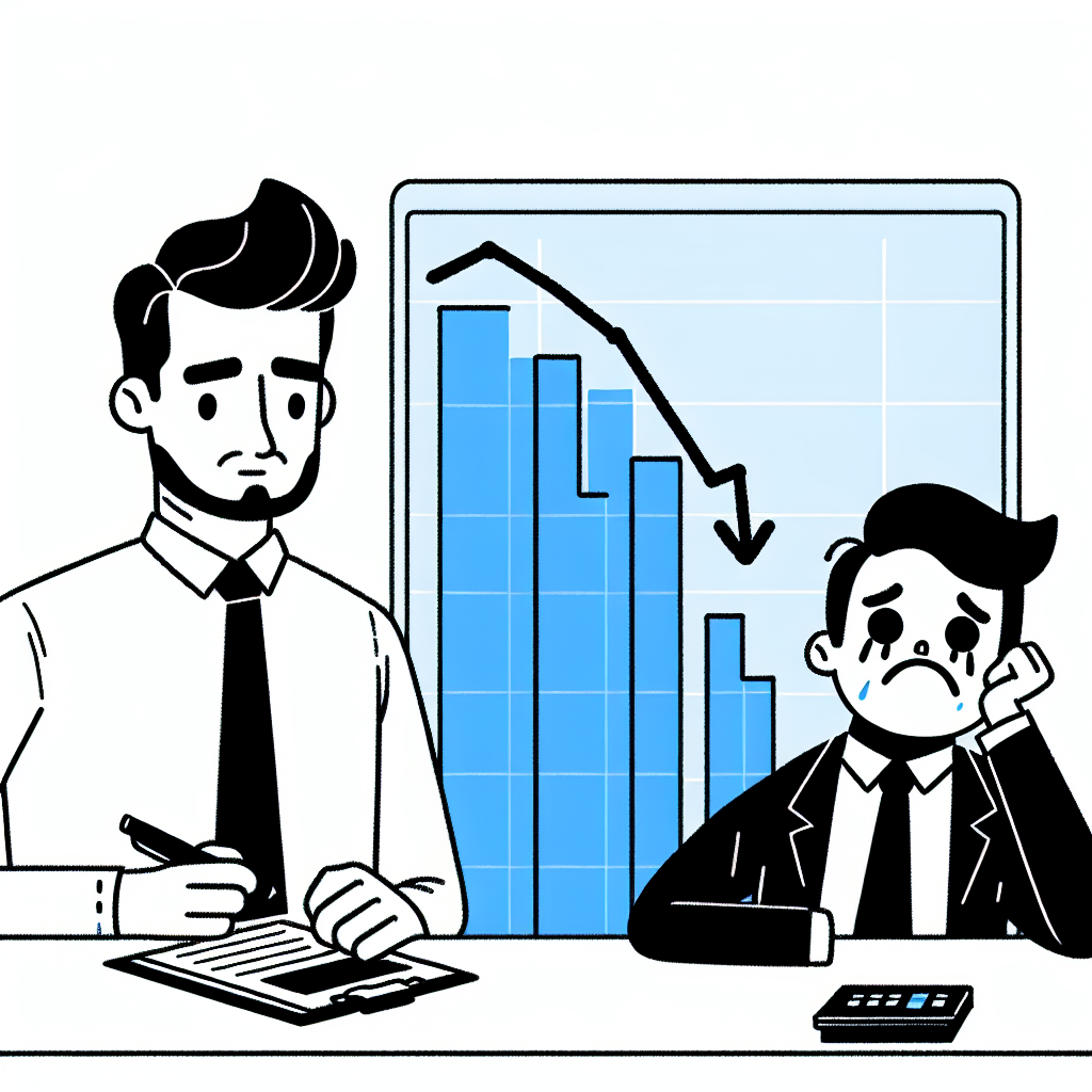 Gerente e vendedor lidando com desengajamento de vendas, ilustrado por gráficos em queda azuis.