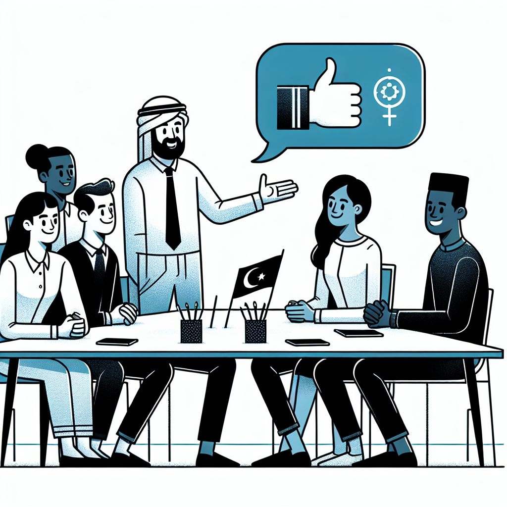 Líder fornecendo feedback positivo durante uma reunião de equipe diversificada.