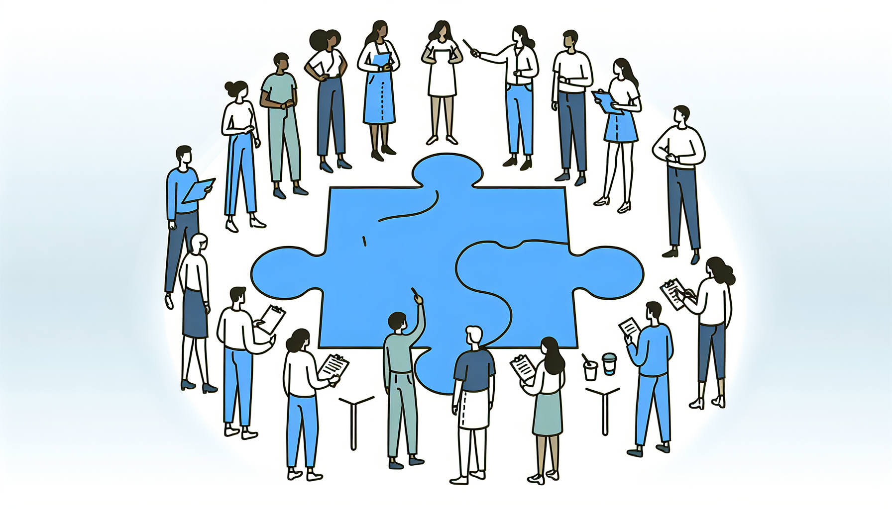Ilustração minimalista de personagens diversos discutindo em torno de um grande quebra-cabeça azul, simbolizando colaboração e liderança.