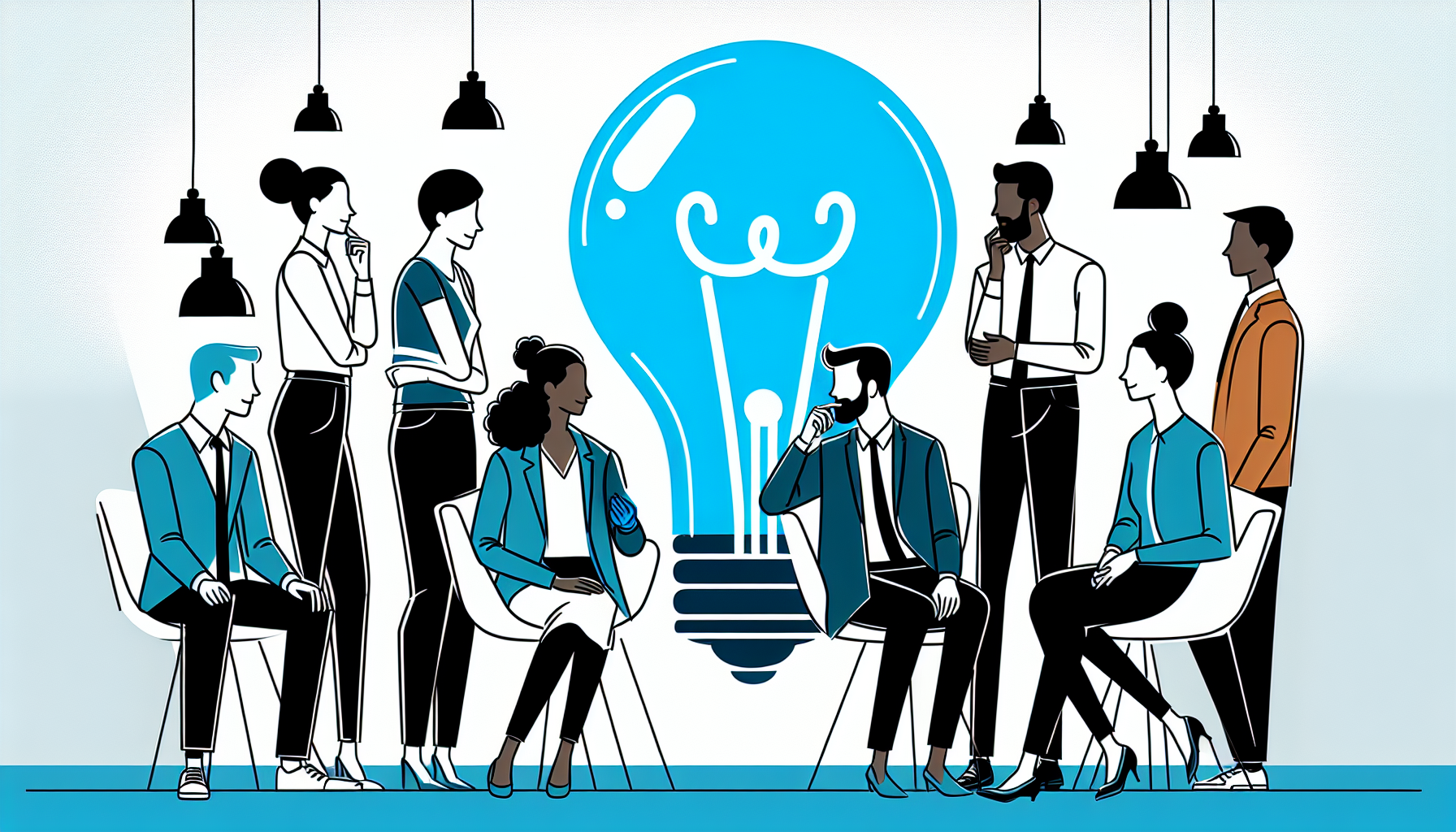 Ilustração minimalista de personagens diversos em escritório moderno discutindo metas, com uma lâmpada azul simbolizando alinhamento de v...