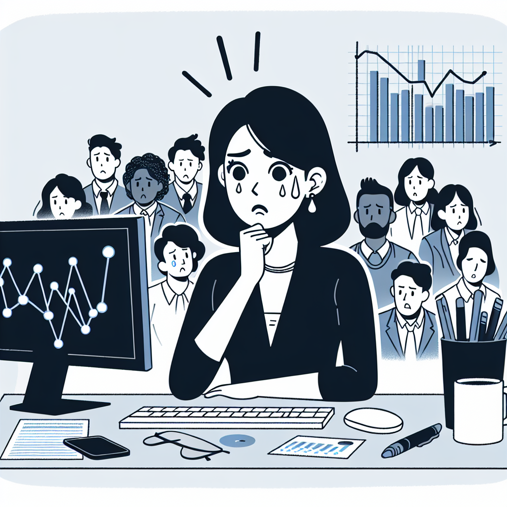 Gerente preocupado com tendência de queda em vendas, enquanto equipe apresenta reações variadas.