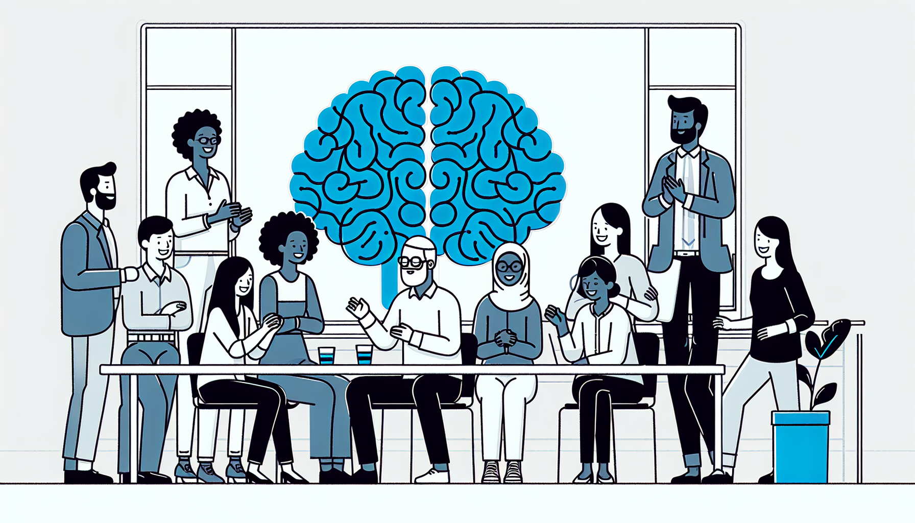 Ilustração minimalista de personagens diversos em um escritório, celebrando conquistas com um ícone de cérebro azul simbolizando motivação.