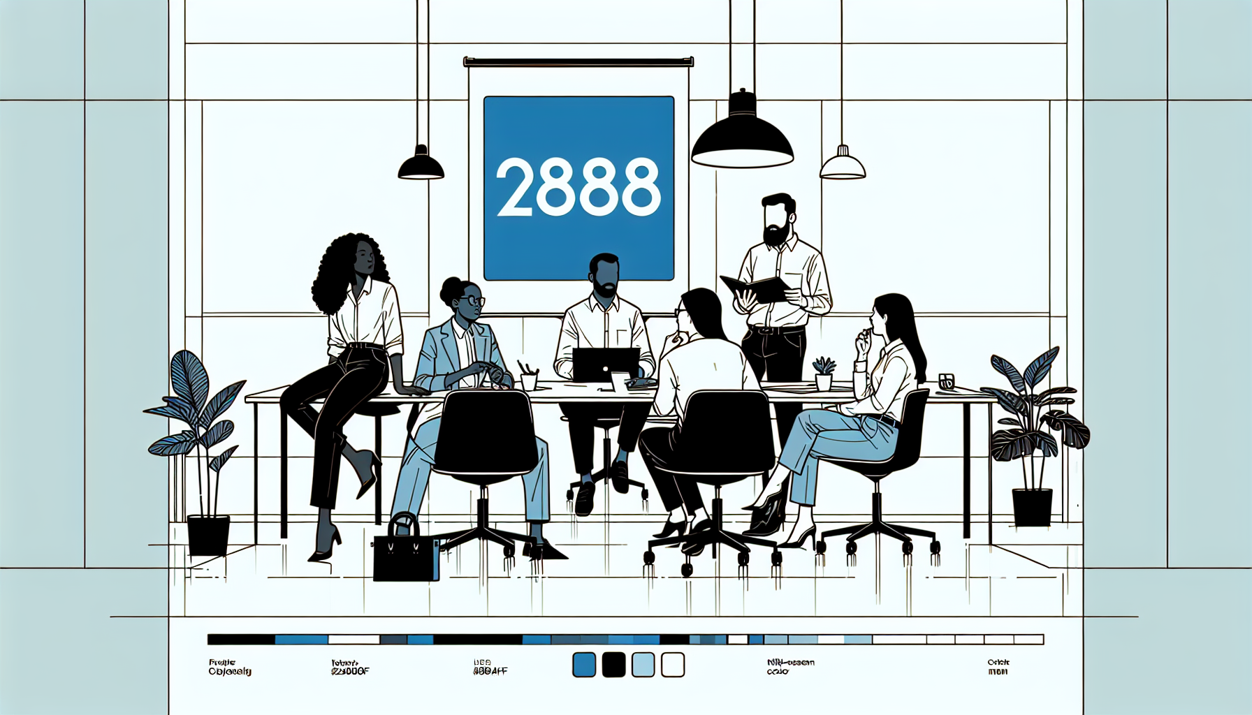 Ilustração minimalista de equipe diversa em reunião em escritório, com calendário azul em destaque, simbolizando rotina e colaboração.
