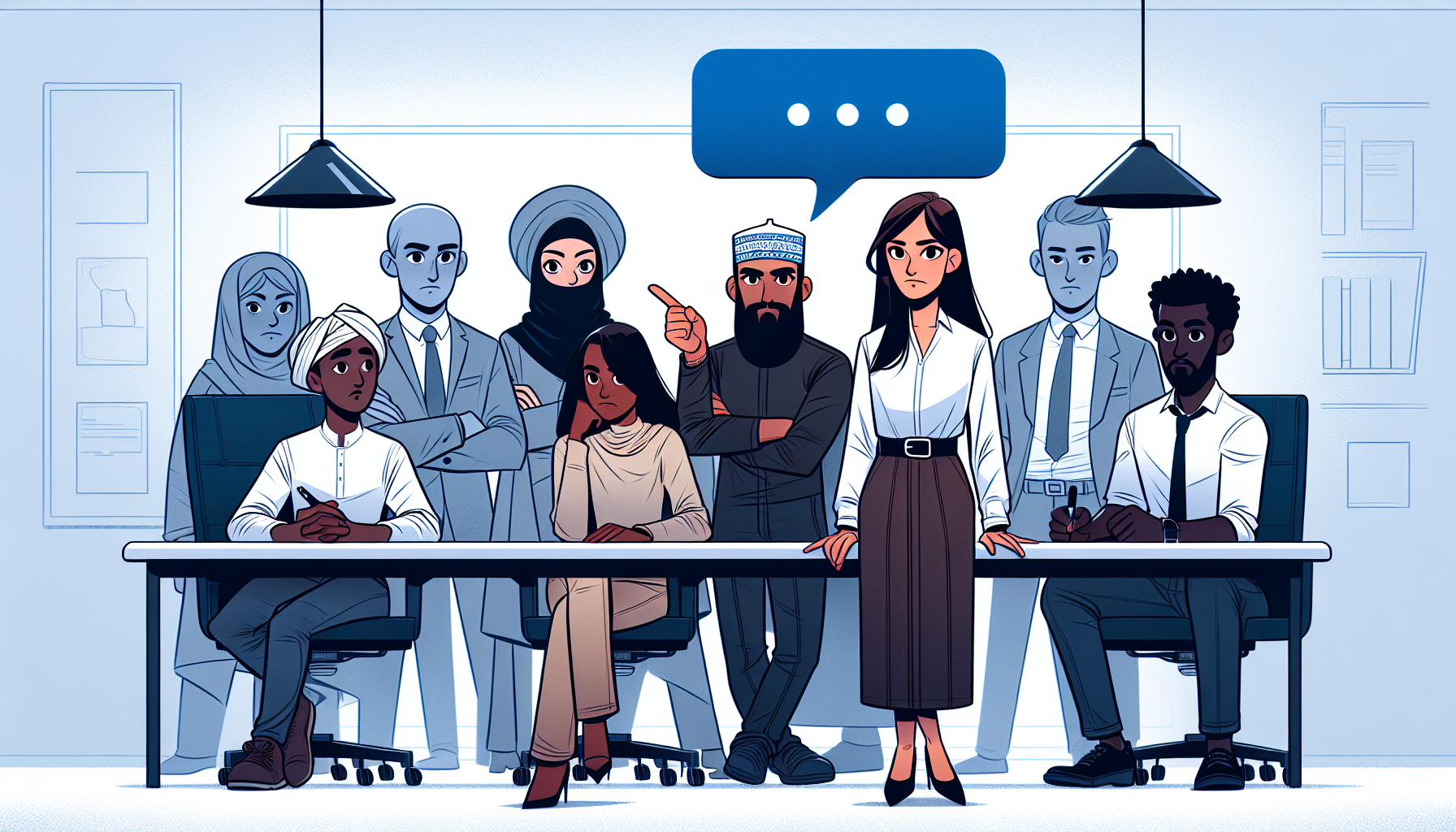 Grupo diverso de personagens em sala de reunião moderna, ansiosos, com um deles apontando para um balão azul sobre segurança psicológica.